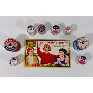 Vintage Sewing Susan Needle Card With Needles Plus Wooden Thread Spools